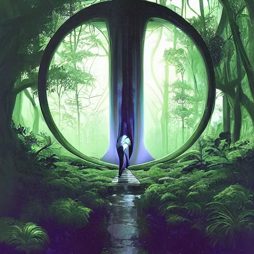 Image similar to portal in a middle of a lush futuristic forest, alien world seen through a portal, person in a cloak standing in front of a portal, syd mead, john harris