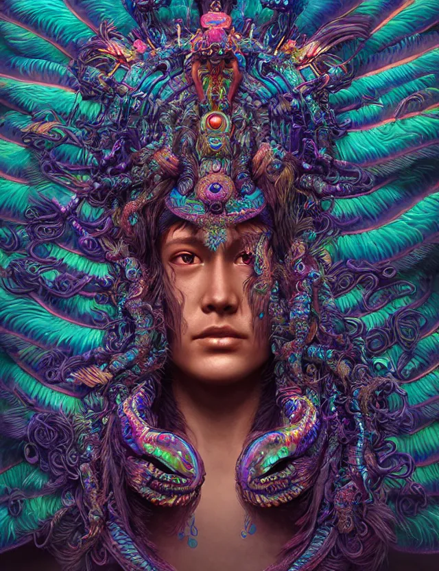 Prompt: goddess macro 3 / 4 profile portrait of quetzalcoatl. quetzal, feathers, bioluminiscent, creature, super intricate ornaments artwork by tooth wu and wlop and beeple and greg rutkowski