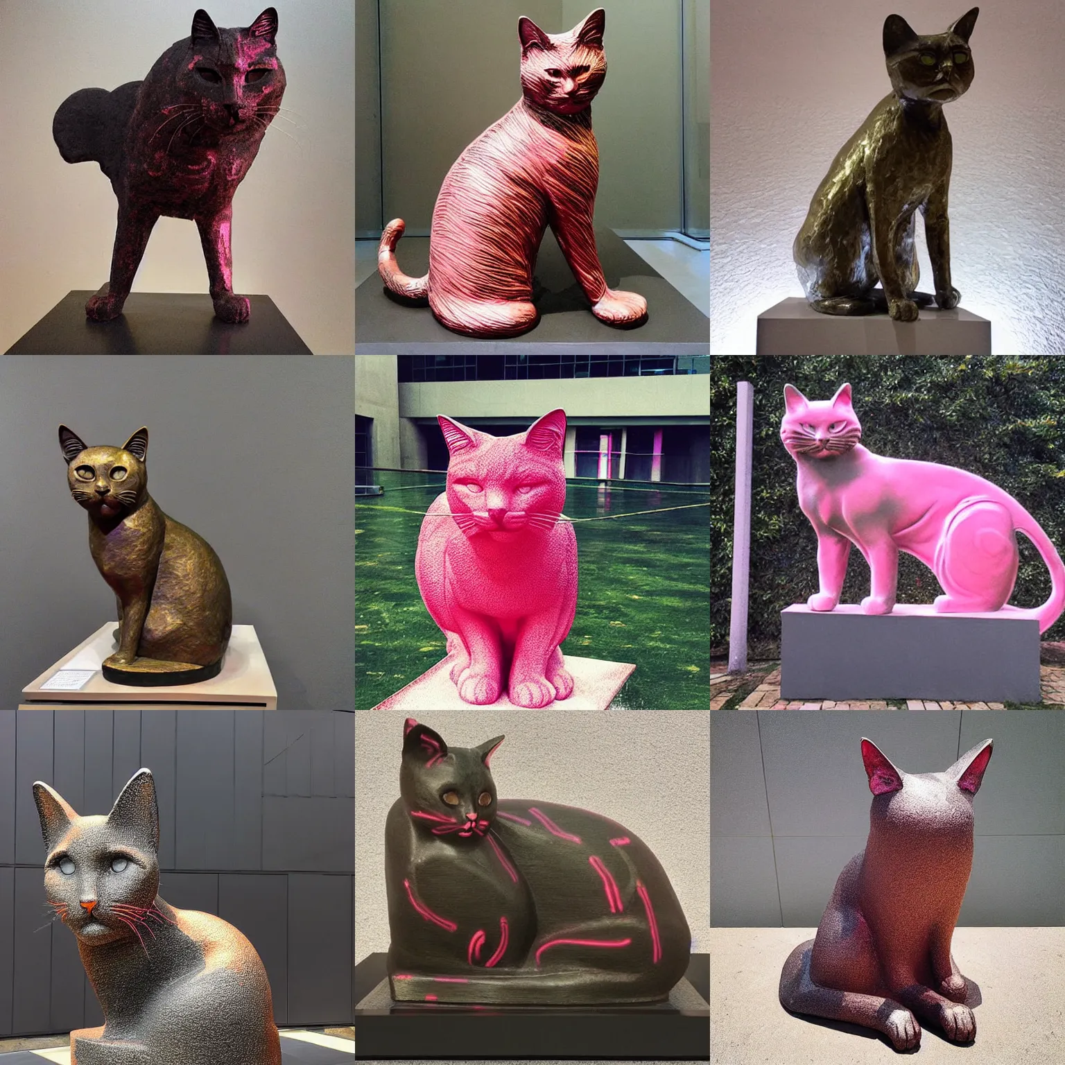 Prompt: “bronze sculpture of a cat covered in bright pink spray painted lines, modern art museum”