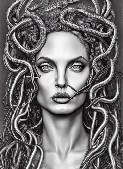 Prompt: beautiful bust of medusa from greek mythology, gorgon, angelina jolie, living snakes cobra in his head, snakes in place of hair, symmetrical, pencil drawing, hyperdetailed, 8 k realistic, trending on artstation, by kelvin okafor and marco mazzoni and pierre - yves riveau