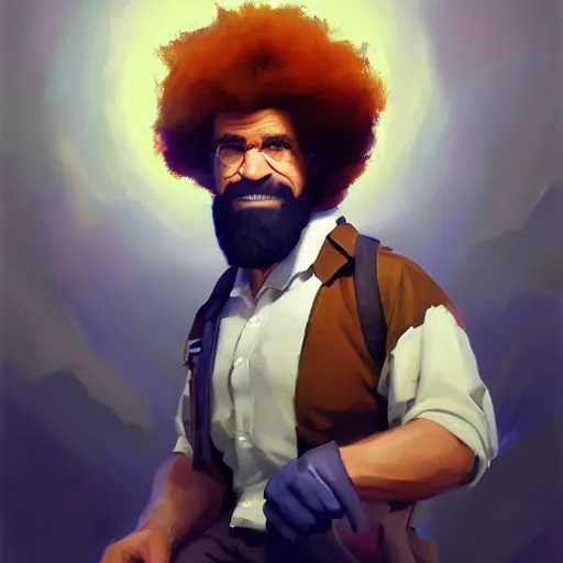 Image similar to Greg Manchess portrait painting of Bob Ross as Overwatch character, medium shot, asymmetrical, profile picture, Organic Painting, sunny day, Matte Painting, bold shapes, hard edges, street art, trending on artstation, by Huang Guangjian and Gil Elvgren and Sachin Teng