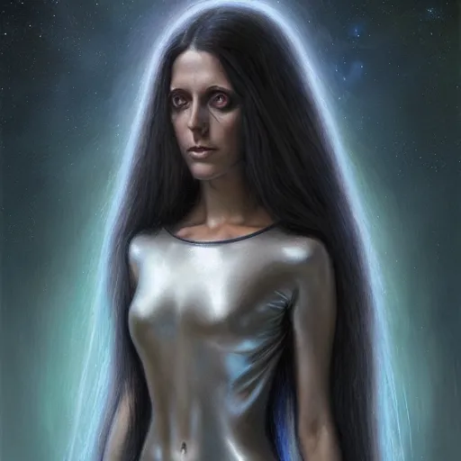 Image similar to pleiadian woman with big eyes and long silver hair wearing a dark body suit and holding a plasma gun as a realistic sci fi character, portrait art by donato giancola and greg rutkowski, digital art, trending on artstation, standing in a barren field, silver hair