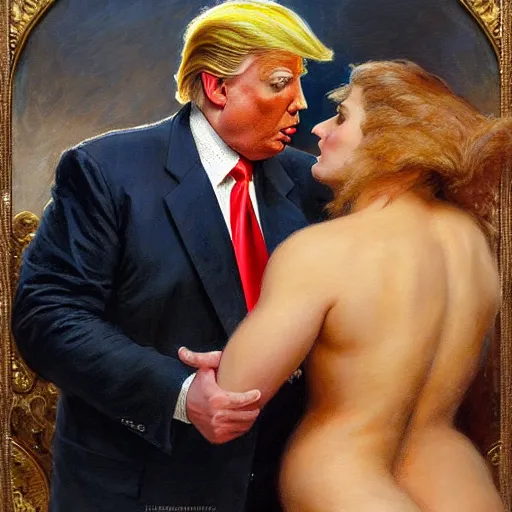 Prompt: attractive fully clothed donald trump confesses his love for his attractive roger stone. highly detailed painting by gaston bussiere and j. c. leyendecker 8 k