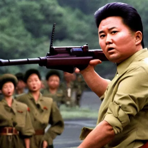 Prompt: Kim Jong-il in the role of Rambo, 35mm filmstill, cinemascope