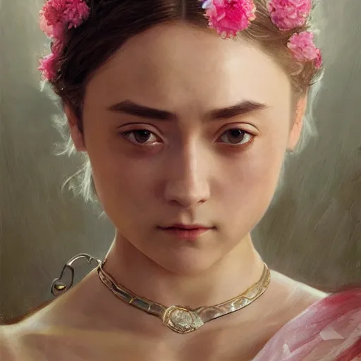 Image similar to expressive oil painting, of arya stark, smooth glowing skin, ornate headpiece made from pink flowers, glamour shot, by yoshitaka amano, by bouguereau, bygreg rutkowski, by jeremyg lipkinng, by artgerm, digital art, octane render