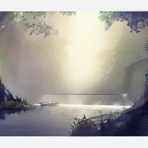 Image similar to magical tunnel inside the river and animals use it for crossing the river ,foggy ,dreamy , concept art trending on artstation, water color,