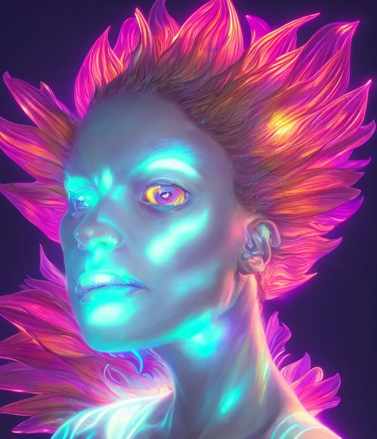 Prompt: iridescent portrait of the sunflower goddess. hard surface modelling. futuristic look. bio luminescent biomechanical halo around her head. neon lighting. artwork by jarold Sng by artgerm, by Eddie Mendoza, by Peter mohrbacher by tooth wu, unreal engine, octane render, cinematic light, high details, iridescent colours, dichroic, macro, 4l