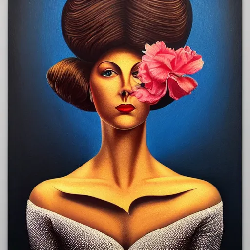 Prompt: a striking painting of a woman, an ultrafine detailed painting by rafal olbinski, behance contest winner, pop surrealism, detailed painting, skeuomorphic, airbrush art