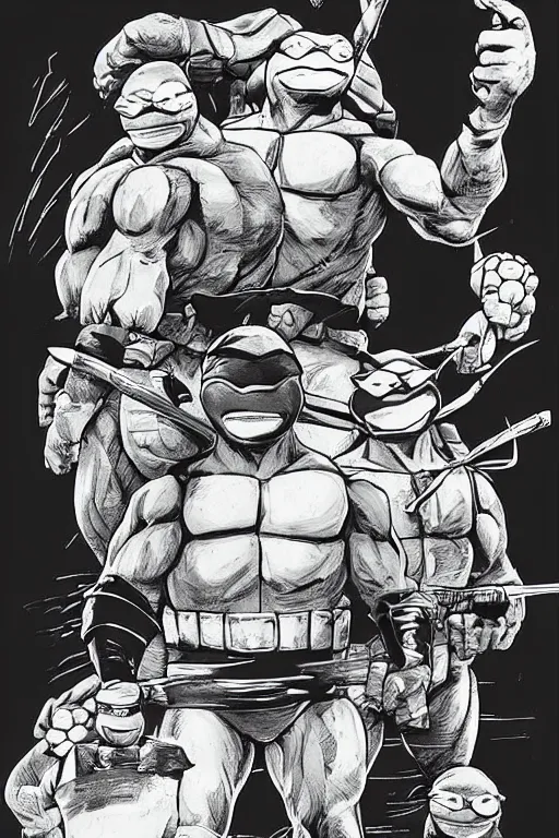 Hyper-detailed image of a ninja turtle dressed as batman riding an