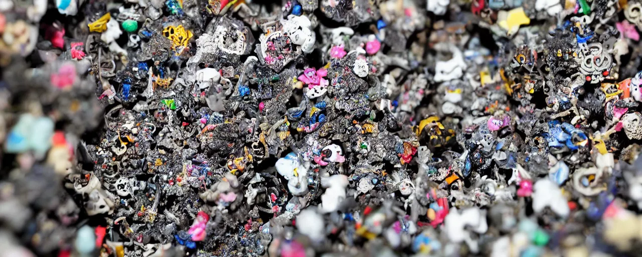 Prompt: a close up of a piece of plastiglomerate made from warhammer figures and korean beauty face masks, photographic, highly detailed