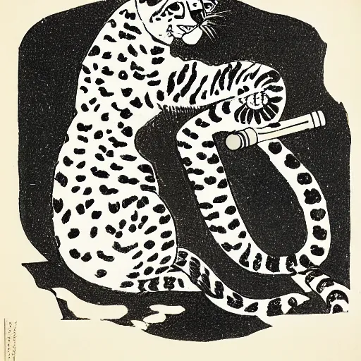 Prompt: A snow leopard smoking a pipe, woodblock print, by Aubrey Beardsley