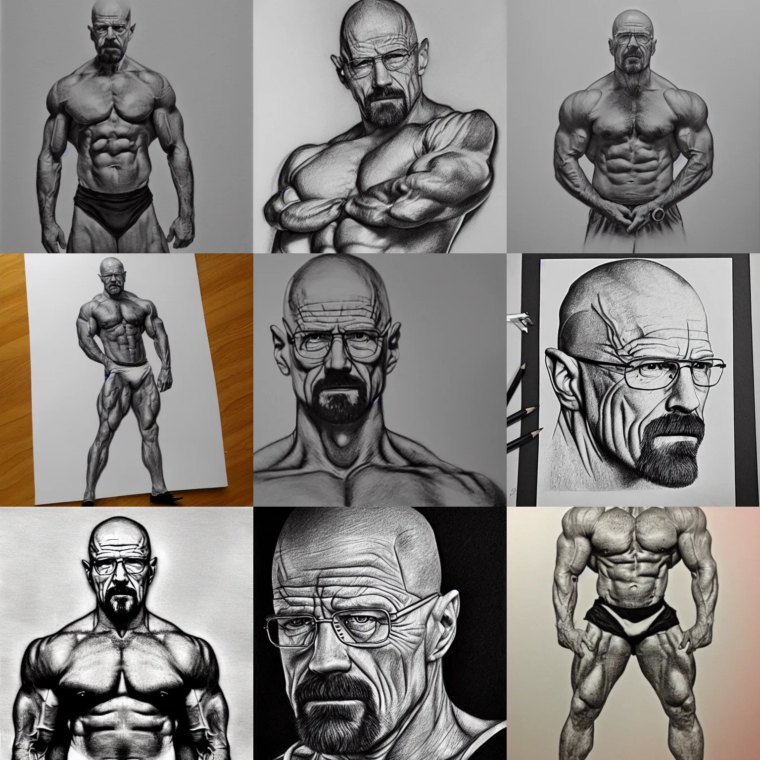 Prompt: pencil drawing of walter white as a body builder