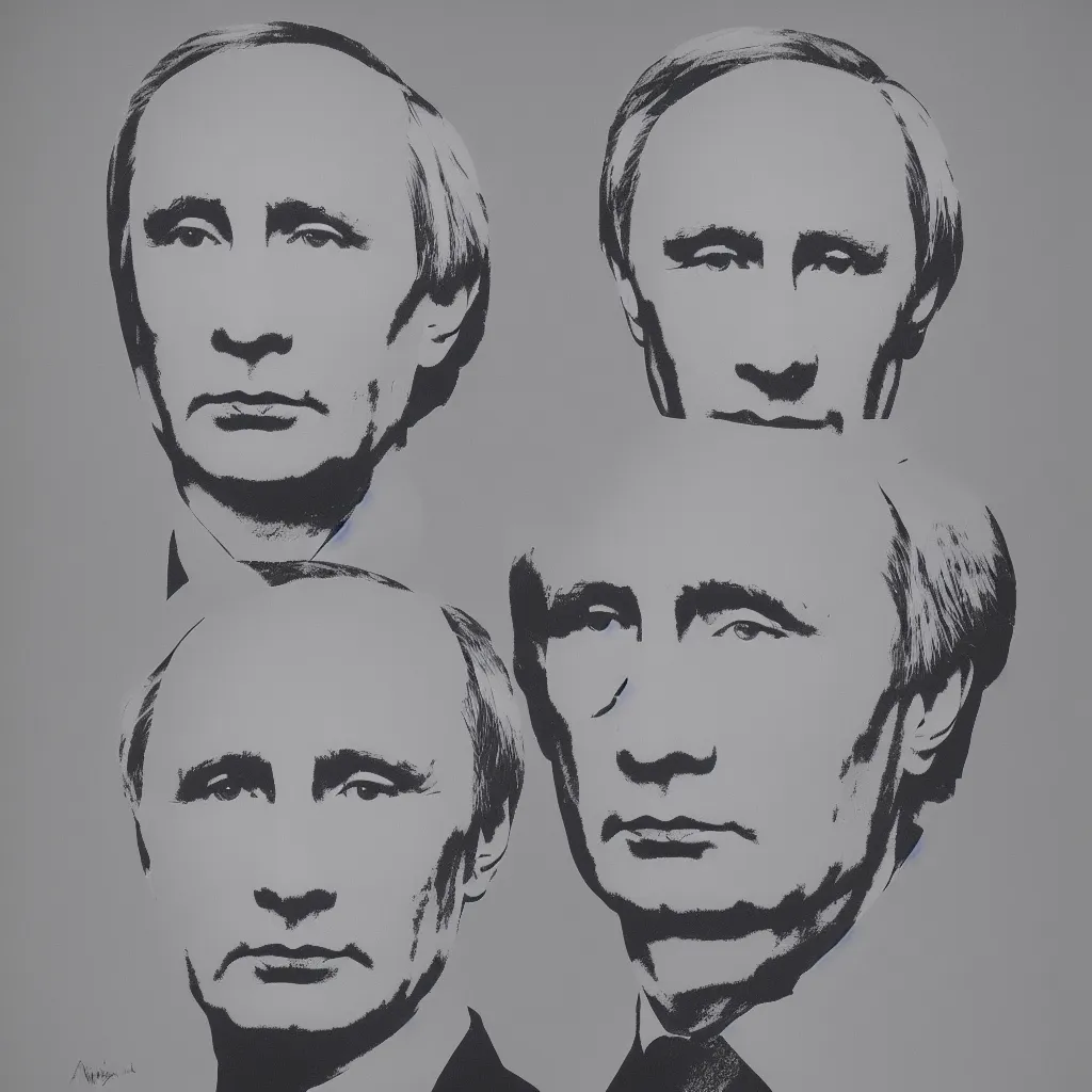 Image similar to individual silk screen portrait of putin by andy warhol