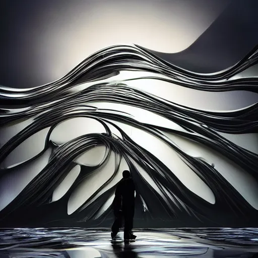 Image similar to digital sci-fi oily gloss reflection zaha hadid airport motherboard with organic forms in liquid and oil on the coronation of napoleon painting, on moon with medium size man walking with black background and digital billboard in the middle. unreal engine 5, keyshot, octane, artstation trending, by Zaha Hadid architects, by Matrix film color, high contrast pinterest black plastic, dark atmosphere pinterest tilt shift, 4k, 8k, 16k.