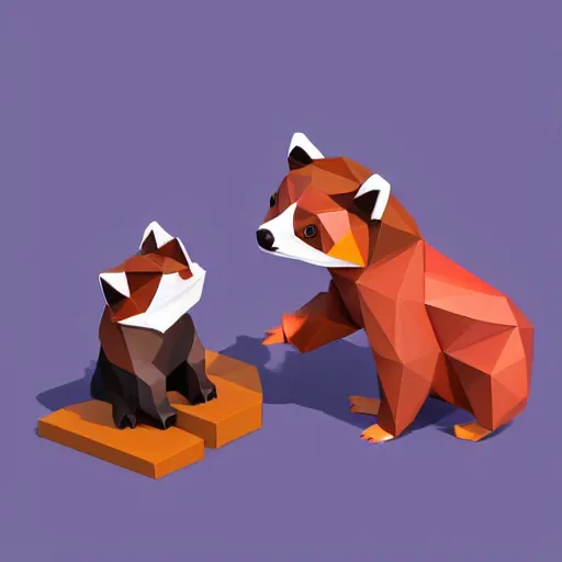 Prompt: isometric cute low - poly red panda playing with a low - poly raccoon