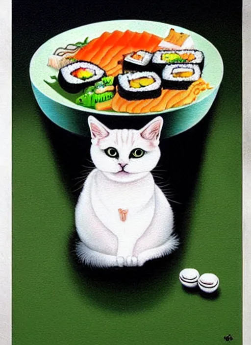 Image similar to clear surrealist painting of adorable cats made out of sushi