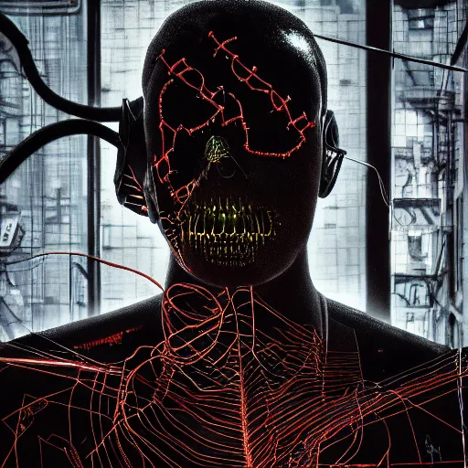 Image similar to a dark cyberpunk dream of wires broken skulls skin and decay, moody, hyperrealism, 8 k photo, atmospheric