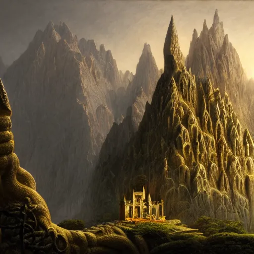 Image similar to a beautiful and highly detailed matte painting of an elven palace carved out of a mountain, celtic knots, epic scale, insanely complex, hyperdetailed, sharp focus, hyperrealism, artstation, cgsociety, 8 k, by caspar friedrich, albert bierstadt, james gurney, brian froud,