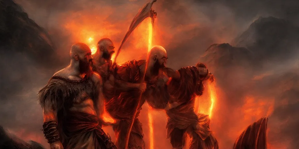 Image similar to Kratos carrying Frodo to Mount Doom, lava rivers, orange tone, very dramatic, general shot, trending on artstation,