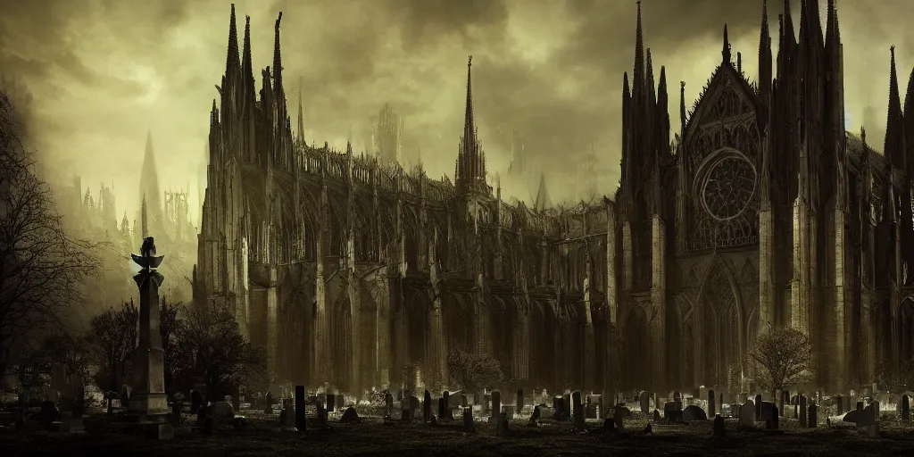 Image similar to a dark fantasy landscape with a Gothic Cathedral with a cemetary, wide angle, super highly detailed, professional digital painting, artstation, concept art, smooth, sharp focus, no blur, no dof, extreme illustration, Unreal Engine 5, Photorealism, HD quality, 8k resolution, cinema 4d, 3D, beautiful, cinematic, art by artgerm and greg rutkowski and alphonse mucha and loish and WLOP