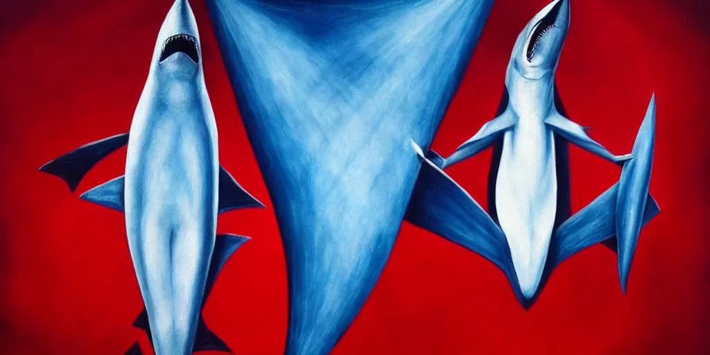 Image similar to high fashion shark, too many fins in all directions, in hoc signo vinces, waterfall, in the style of leonora carrington, gottfried helnwein, intricate composition, blue light by caravaggio, insanely quality, highly detailed, masterpiece, red light, artstation