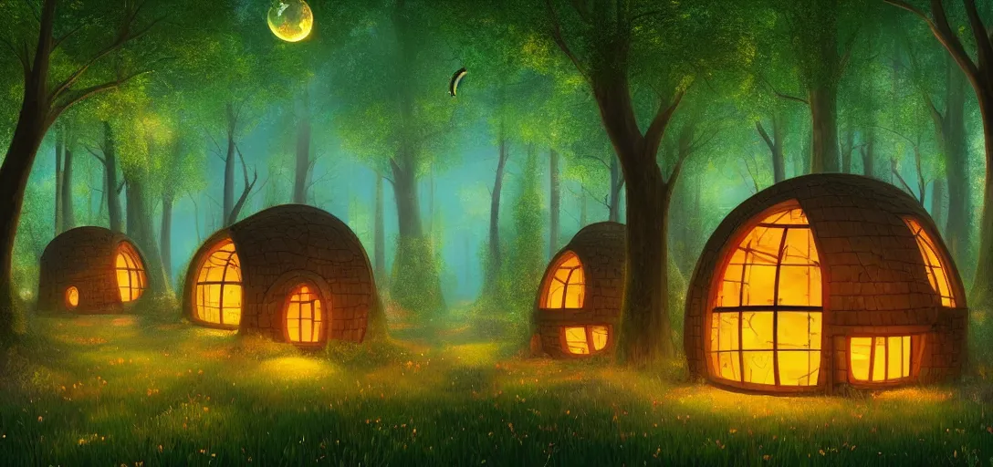 Image similar to beautiful forest, round forest houses with glowing round windows, ray tracing, fireflies, mystical feeling, detailed, digital art