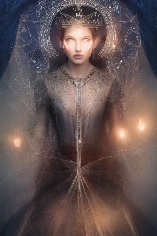 Image similar to Atmospheric detailed photography of a beautiful magician , wearing crystal fractal tiara, Symmetrical composition, fantasy long intricate gown, sharp focus, octane render, high quality, 8k, volumetric lighting, color grading, by Tom Bagshaw and James Jean and Artgerm