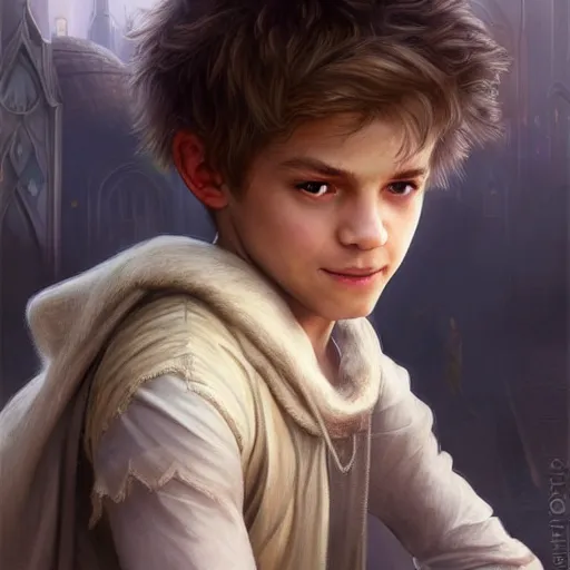 Prompt: portrait of a young boy wearing plain looking fantasy thief clothing in the slums of a fantasy city, blonde hair, d & d, fantasy, joyful smirk, intricate, elegant, highly detailed, digital painting, artstation, concept art, matte, sharp focus, illustration, art by artgerm and greg rutkowski and alphonse mucha