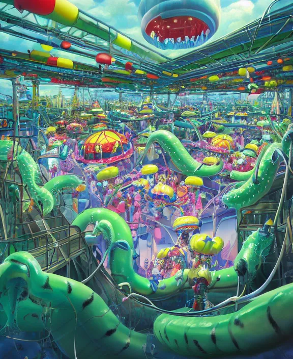 Prompt: a puffy inflated amusement park made out of fat seamless alien snakes, in the style of an aerodynamic obese robot, overgrown with thick orchids, partly cloudy, somber, dramatic lighting, by dan mumford, yusuke murata, makoto shinkai, ross tran, cinematic, unreal engine, cel shaded, featured on artstation, pixiv