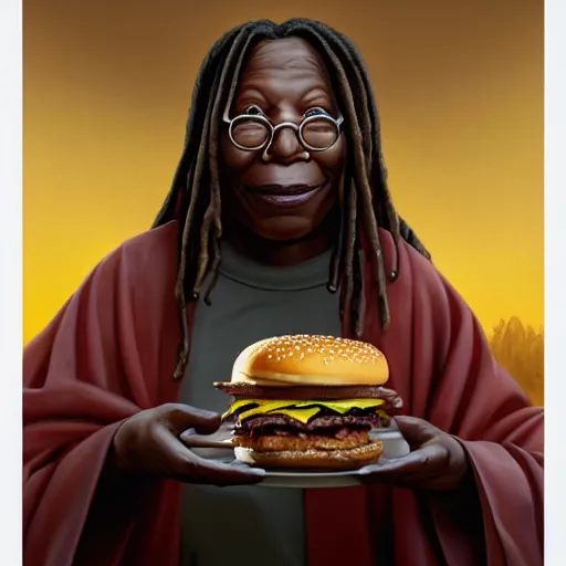 Prompt: portrait of Whoopi Goldberg eating hamburgers, extra onions and ketchup, luscious patty with sesame seeds, ethereal, holy sacred light rays, handsome, D&D, fantasy, intricate, elegant, highly detailed, digital painting, artstation, concept art, matte, sharp focus, illustration, art by Artgerm and Greg Rutkowski and Alphonse Mucha