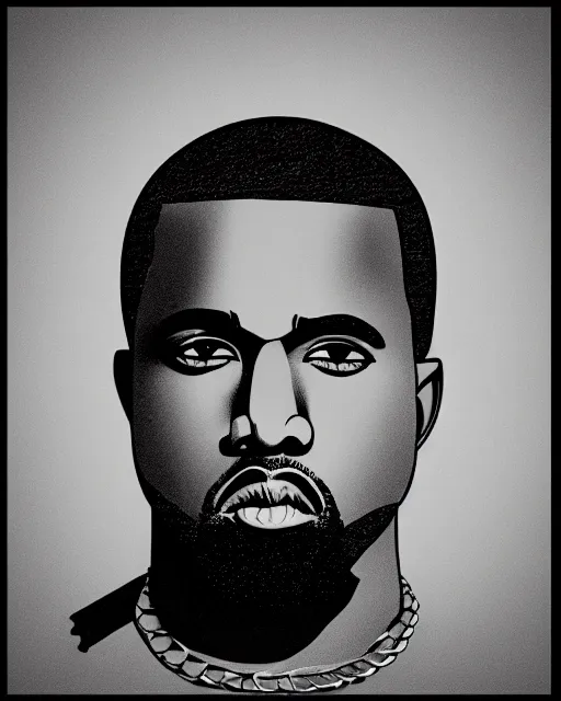 Image similar to Manga black-and-white comic book cross-hatching illustration of Kanye West on black background, fading in to the black background, darkness surrounding his body