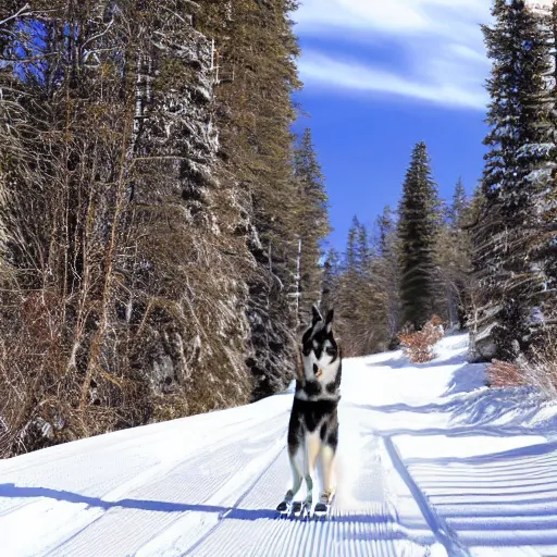 Prompt: a very very tall husky skiing