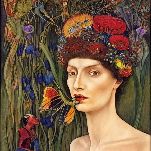 Prompt: the bone crown, by annie swynnerton and leo and diane dillon and ( diego rivera ) and adolf wolfli, elaborate costume, flowers, iridescent beetles, rich color, dramatic cinematic lighting, smooth, sharp focus, extremely detailed