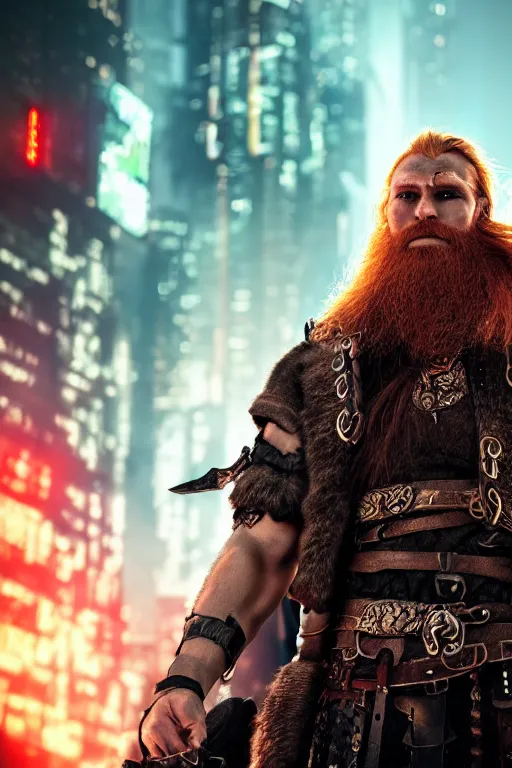 Prompt: cyberpunk viking, handsome and strong, red beard, runic, powerful stature, detailed intricate, 8 k, cinematic