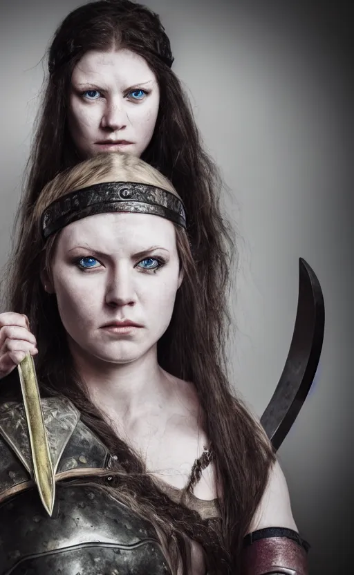 Image similar to photorealistic portrait of female viking warrior with black hair and bloody nose, blue eyes, porcelain skin, shoulders, determined