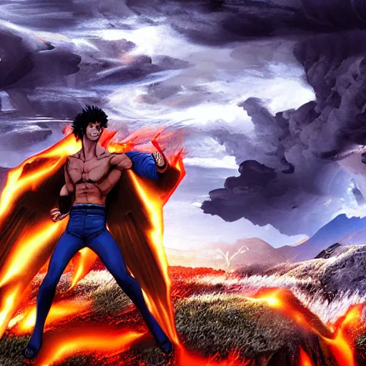 Prompt: extreme detail 3 d digital art of a winged kenshiro flying, detailed textures and lighting, storm in the background, mountains, action pose, high detail character models, detailed environment, epic fight, movie quality battle, epic, intricate, 4 k,