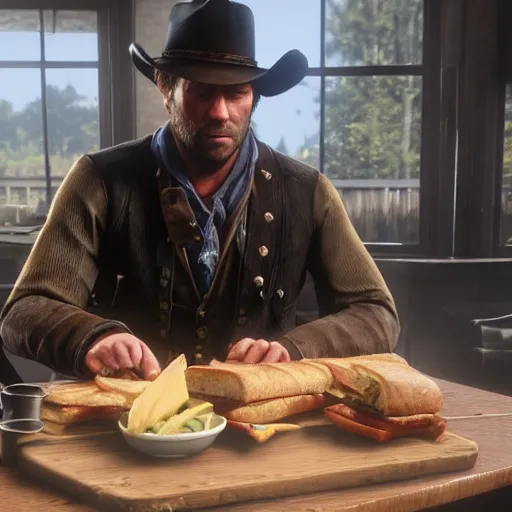 Prompt: arthur morgan from red dead redemption 2 eating a sandwich photo - realistic