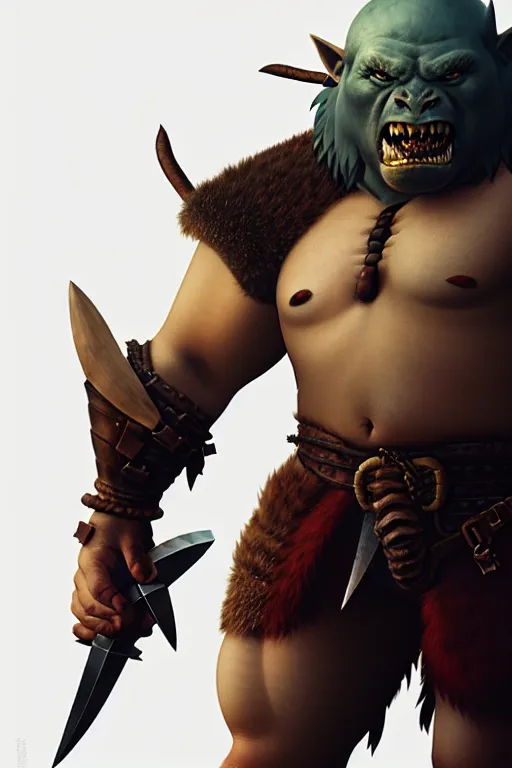 Image similar to orc barbarian wearing leather armor, full body shot, exquisite details, earth magic, mid view, design on a white background, by studio muti, greg rutkowski, makoto shinkai, takashi takeuchi, studio ghibli