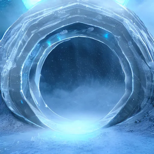 Prompt: interdimensional galaxy portal covered in frost, ice gate, volumetric light, volumetric fog, unreal engine, photorealistic, 8 k