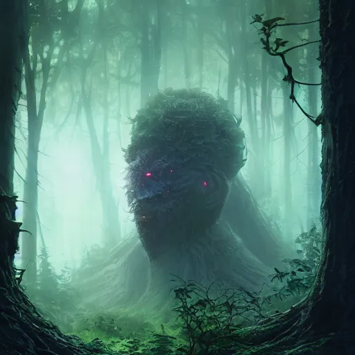 Image similar to highly detailed creepy forest humanoide creature, stephen bliss, unreal engine, fantasy art by greg rutkowski, loish, rhads, ferdinand knab, makoto shinkai and lois van baarle, ilya kuvshinov, rossdraws, tom bagshaw, global illumination, radiant light, detailed and intricate environment