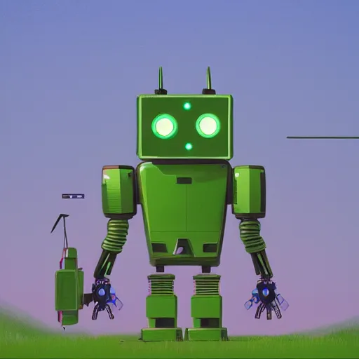 Image similar to retrofuturistic robot in style of Simon Stalenhag, green colour scheme