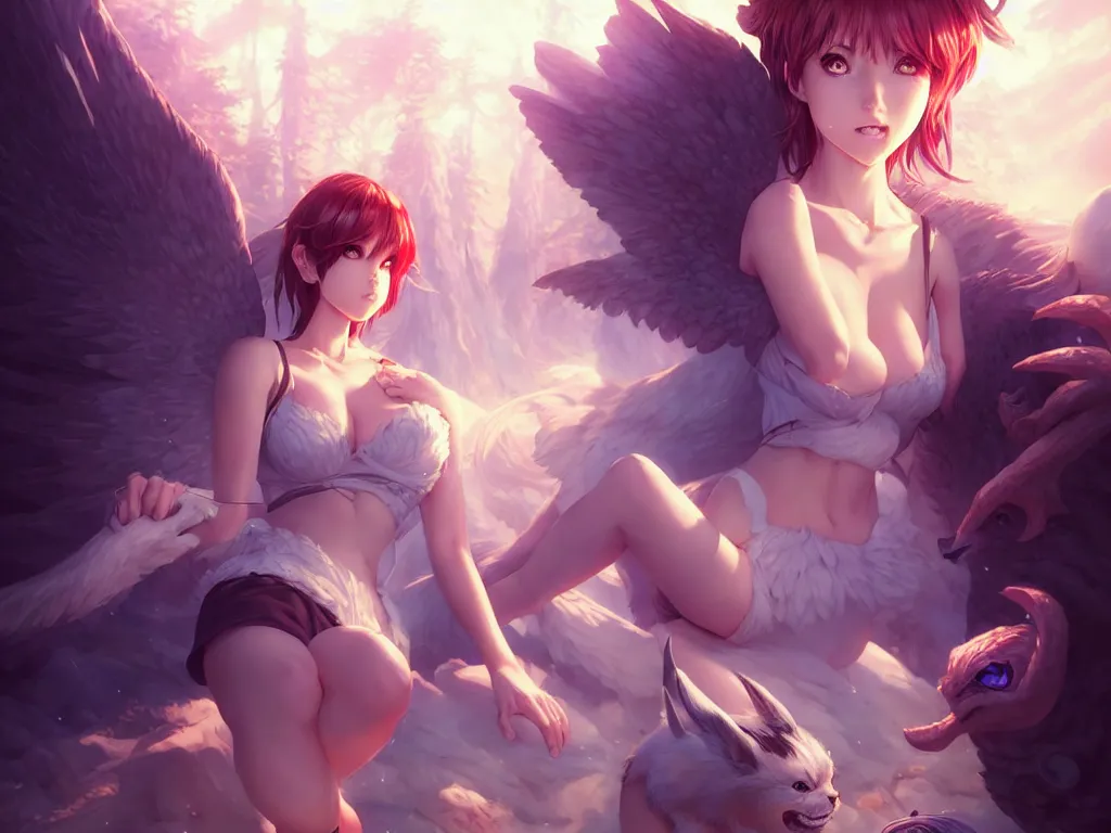 Image similar to lovely summoner girl with their magical animal companions, occlusion shadow, specular reflection, rim light, unreal engine, artgerm, artstation, art by hiroaki samura and ilya kuvshinov and ossdraws, intricate, highly detailed 8 k, fantasy illustration, extremely beautiful and aesthetic shape of face and clothes, movie poster