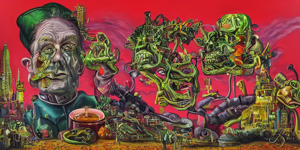 Image similar to refined oil painting lowbrow pop surreal masterpiece in the style of robert williams,