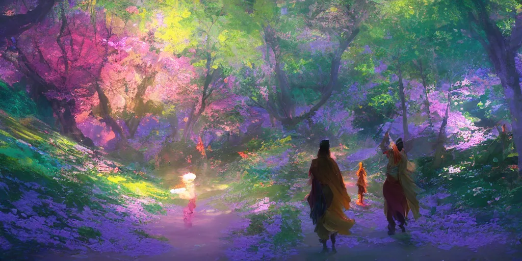 Prompt: spiritual journey through an infinite glowing colorful magical forest, sakura trees, sakura season dynamic lighting, landscape, artwork by jeremy lipkin and giuseppe dangelico pino and michael garmash and rob rey and greg manchess and huang guangjian and makoto shinkai, pixiv, 1 0 0 mm