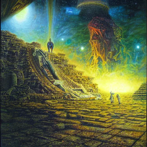 Image similar to an epic 8 k resolution painting of a black boy exploring the temple of the alien gods at the end of the universe, by bob eggleton