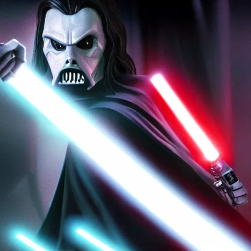 Prompt: morbius holding a light saber, darth vader holding a lightsaber, star wars, unreal engine, hyper realistic, comic book