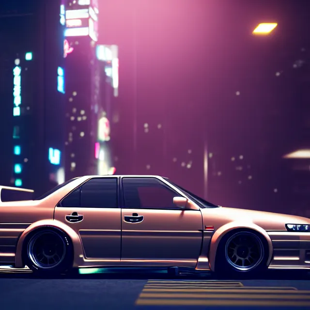 Prompt: toyota jzx 1 0 0 drift with cyberpunk girl standing, detailed - wheels, shibuya prefecture, cinematic lighting, photorealistic, night photography, octane render by tomino - sama