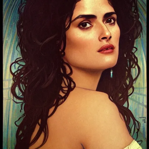 Image similar to salma hayek medium shot portrait by alphonse mucha, playful, fantasy, medieval, beautiful face, perfect detailed eyes, vivid colrs, elegant, sharp focus, hyper - realistic, 4 k, unreal engine, highly detailed, hd, dramatic lighting by brom, trending on artstation