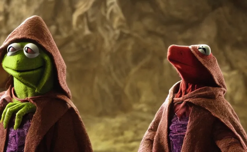 Image similar to kermit as a dark mage, a still from the dark crystal, high quality, very detailed, cinematic,