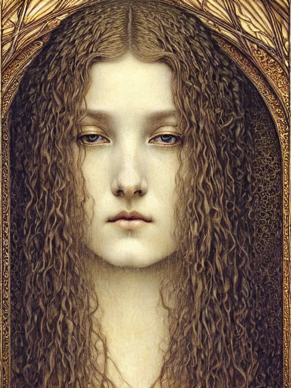 Image similar to detailed realistic beautiful young medieval queen face portrait by jean delville, gustave dore and marco mazzoni, art nouveau, symbolist, visionary, gothic, pre - raphaelite. horizontal symmetry